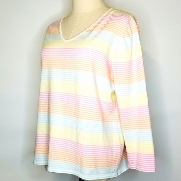 Neiman Marcus Pastel Stripe Longsleeve V-neck Cotton Blend Pullover Top, XL - Picture 4 of 8